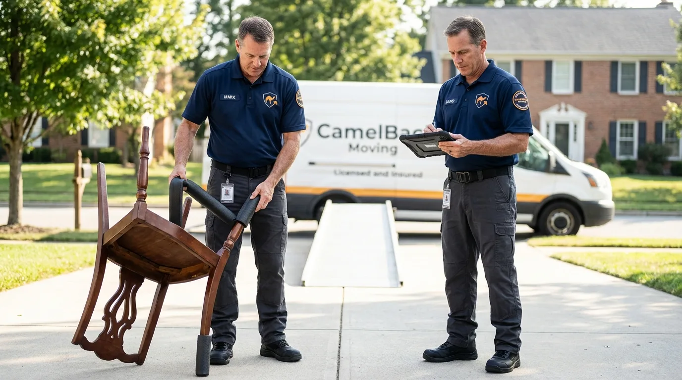 Movers inspecting furniture for damage prevention before loading in Selah, WA